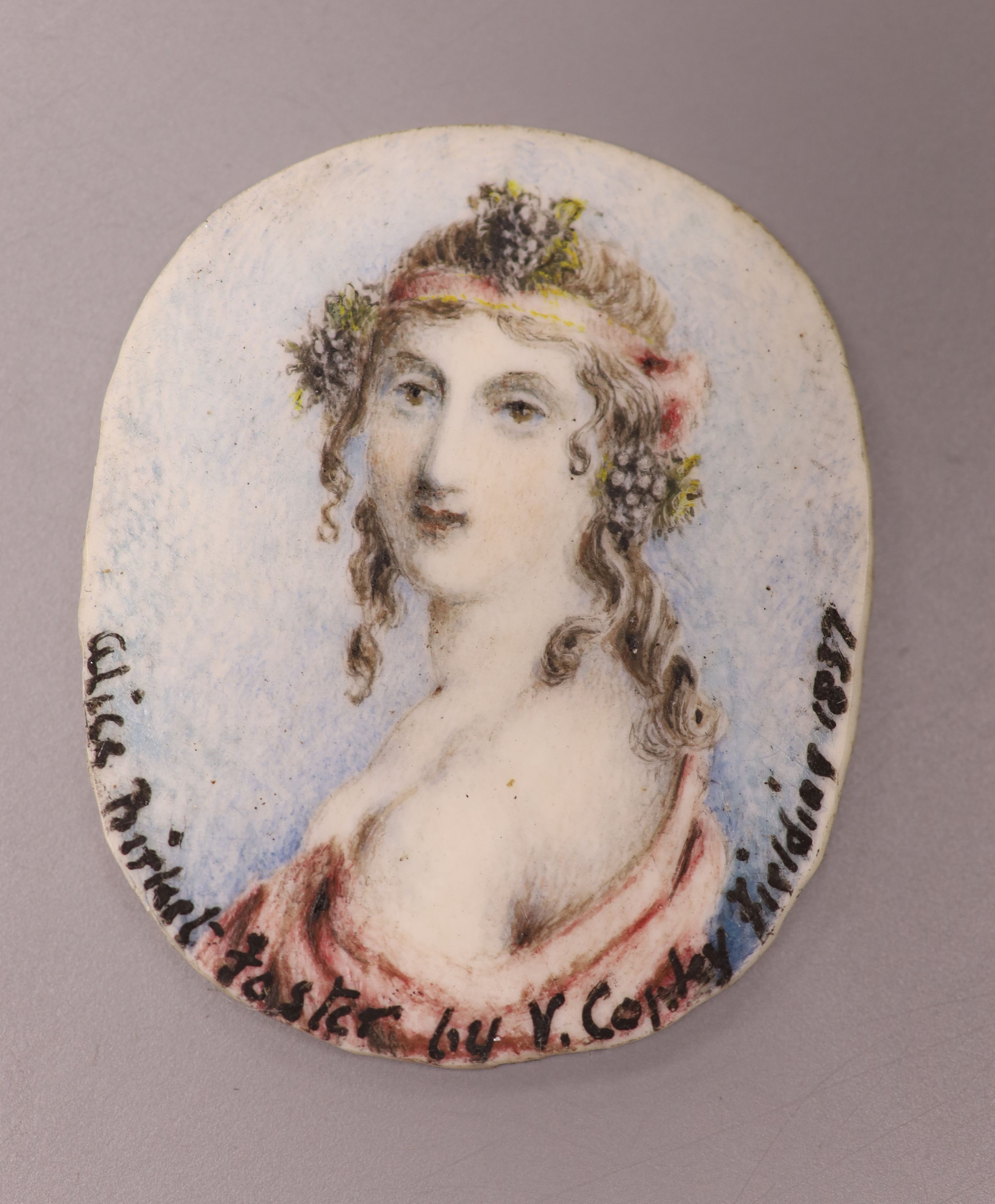 Anthony Vandyke Copley Fielding (1787-1855) miniature of Alice Birket Foster, signed and dated 1837, 3.25 x 2.5cm.